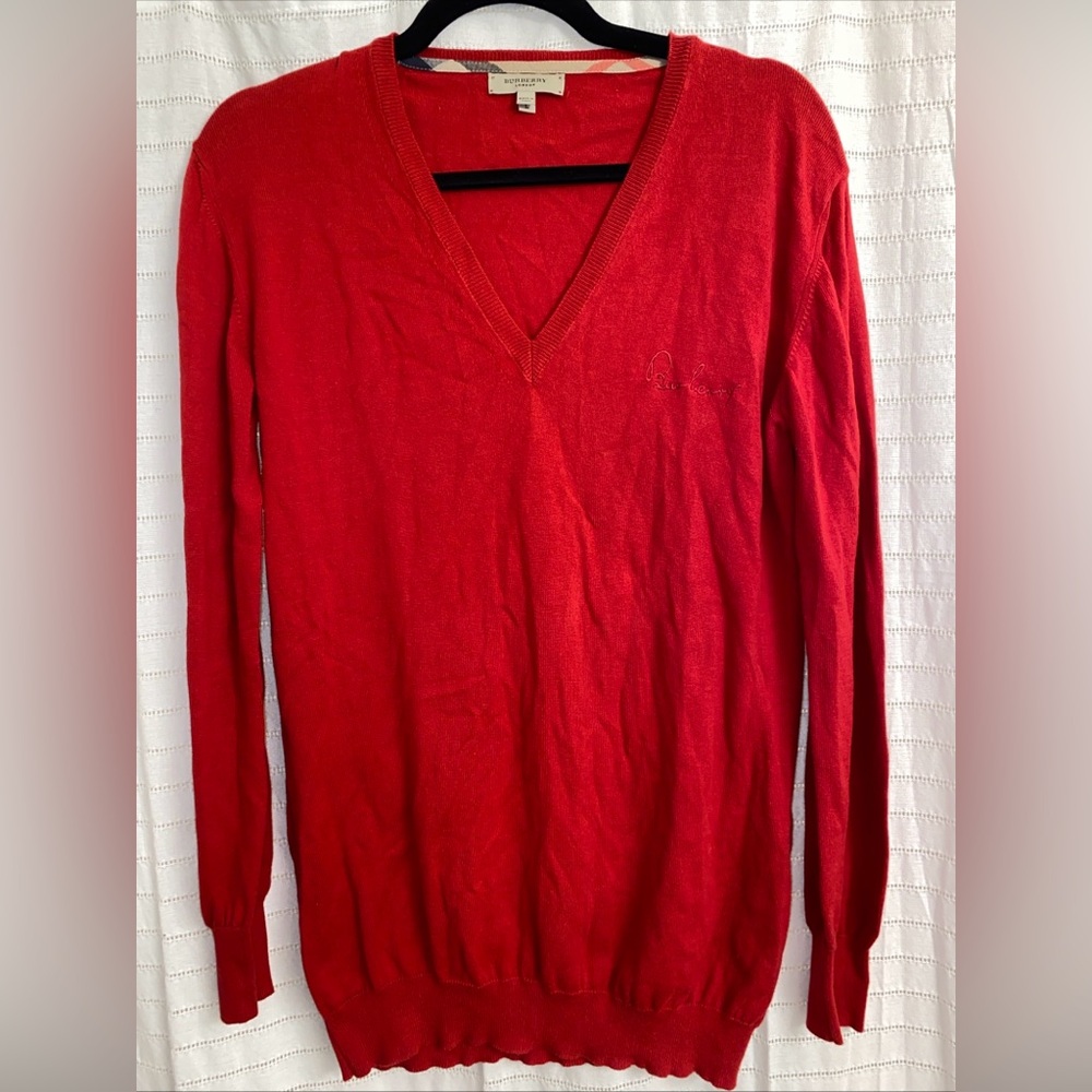 Burberry Large  Red Long Sleeve Top V Neck Fall Soft Comfort
